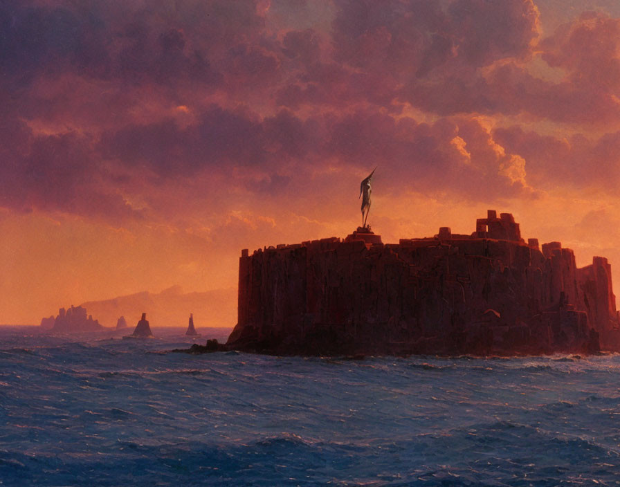 Silhouetted fortress on island under fiery sky with crashing waves and lone statue