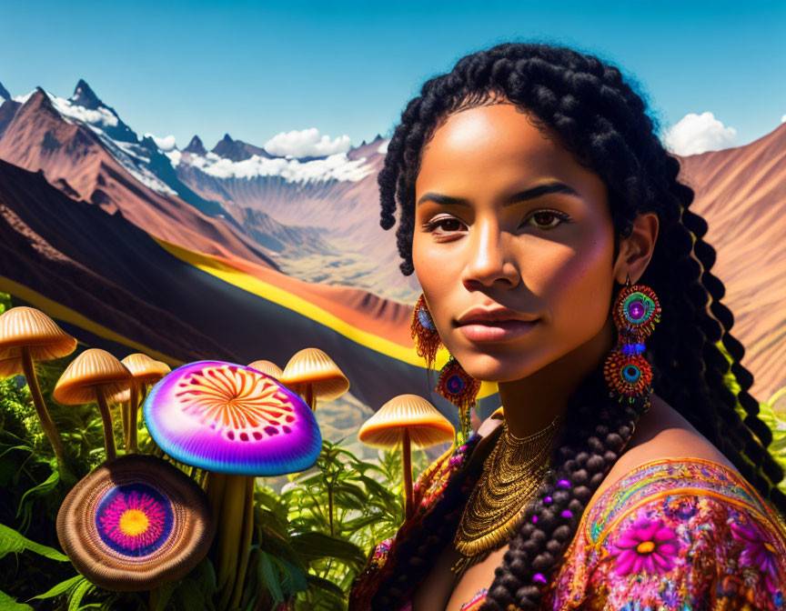 Colorful digital artwork: Woman with braided hair in fantastical landscape.