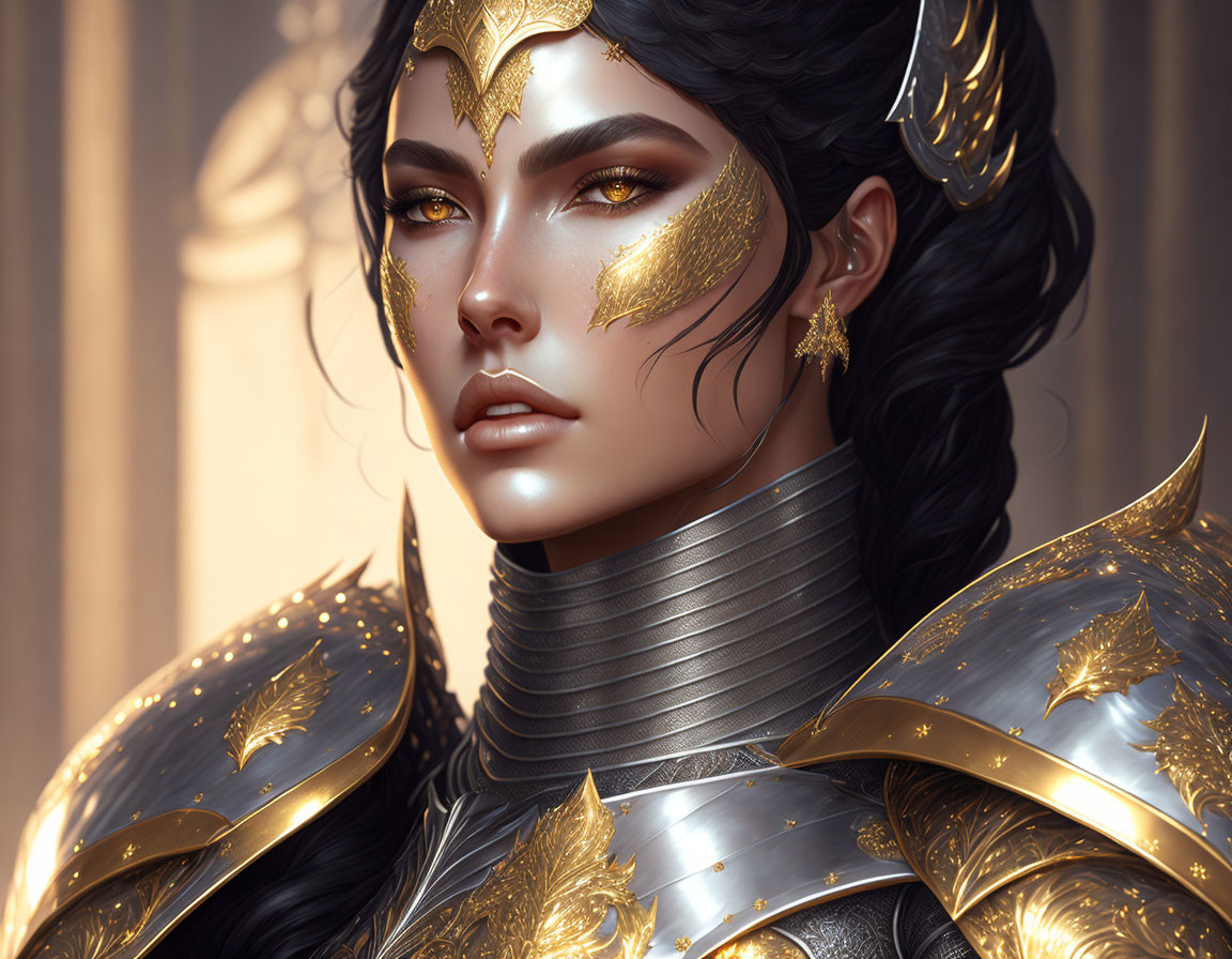 Digital Artwork: Woman with Black Hair, Golden Facial Markings, Silver-and-Gold Armor