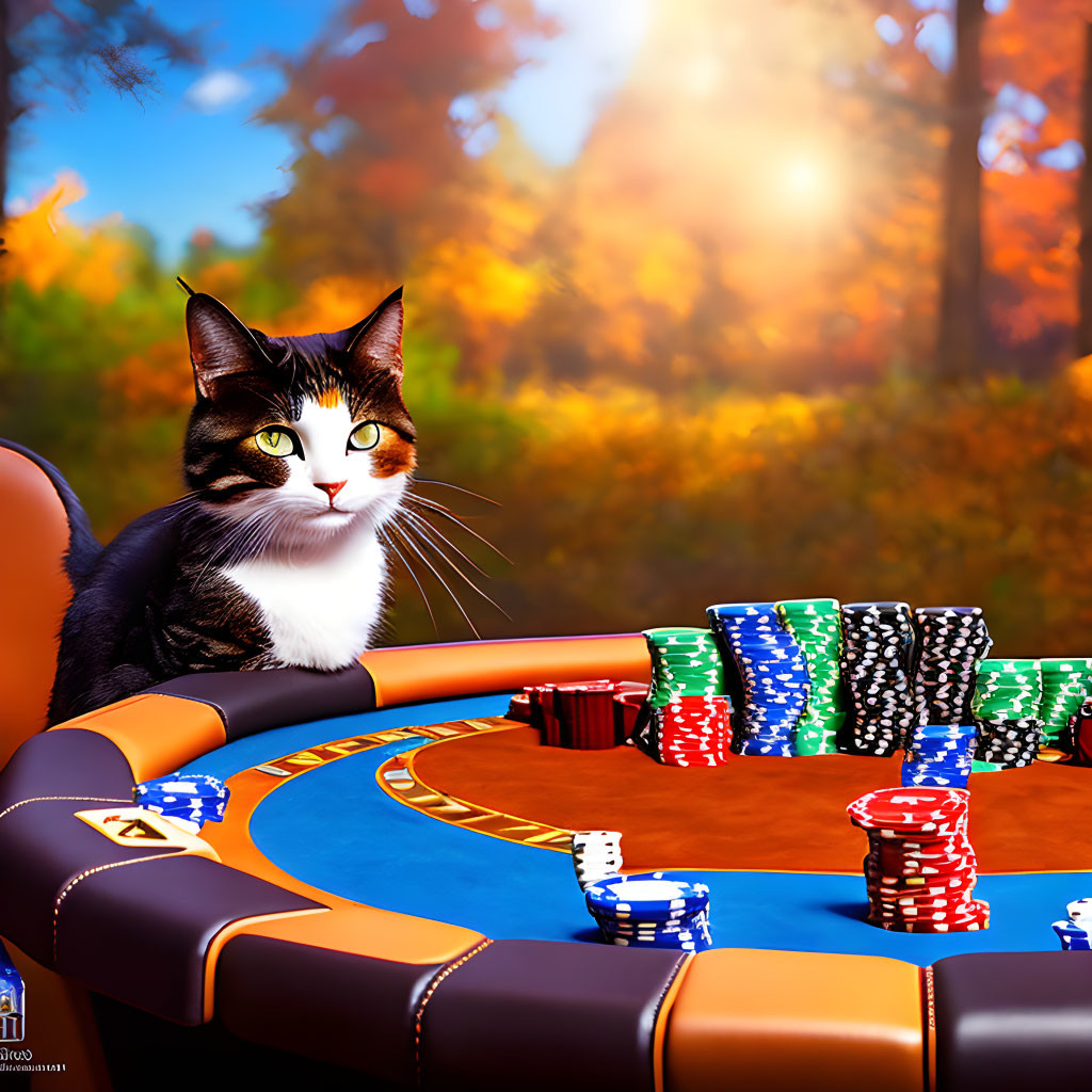 Cat at Poker Table in Vibrant Autumn Forest