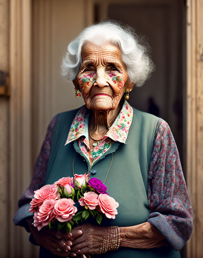 Elderly woman with white hair holding pink roses in green sweater