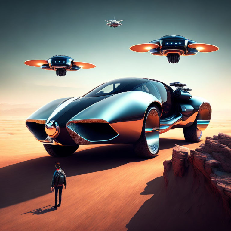 Futuristic car and drones in desert landscape