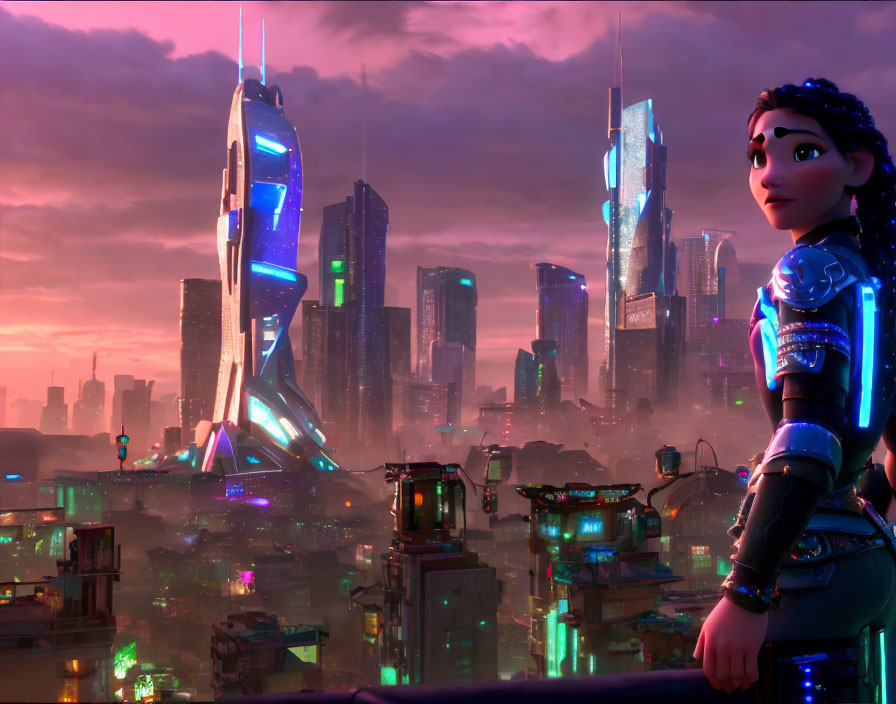 Futuristic cityscape at sunset with skyscrapers, neon lights, and flying vehicles, featuring