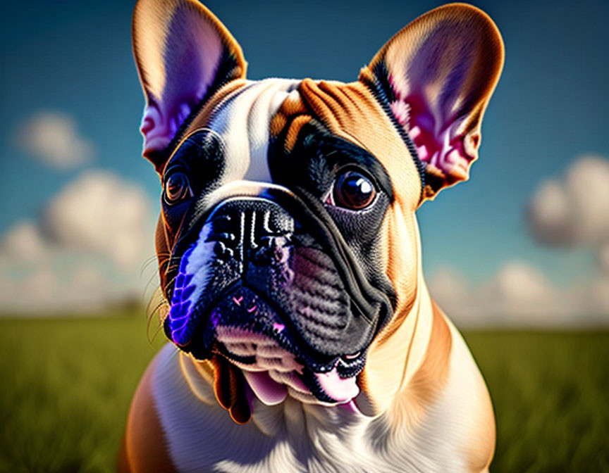 Digitally Enhanced Bulldog Image with Exaggerated Features on Blue Sky Background