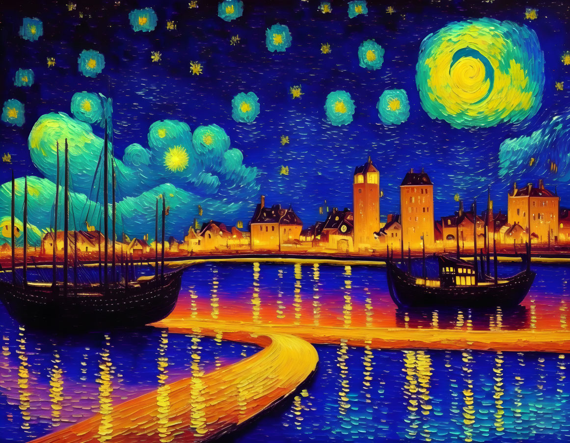 Starry night over town with reflections and boats in post-impressionist style