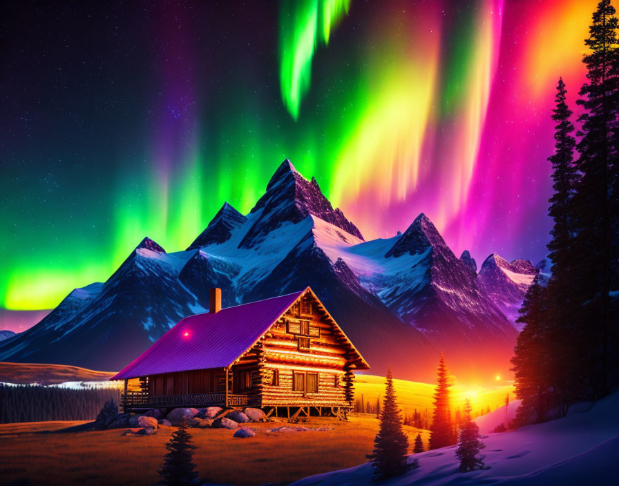 Snowy landscape with cozy log cabin and aurora borealis