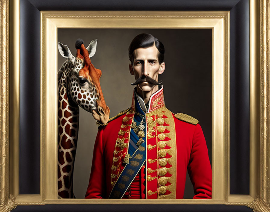 Surreal portrait: man in red military uniform and giraffe in ornate golden frame