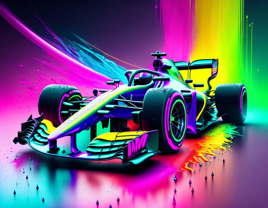 Neon-colored digital art of Formula 1 racing car