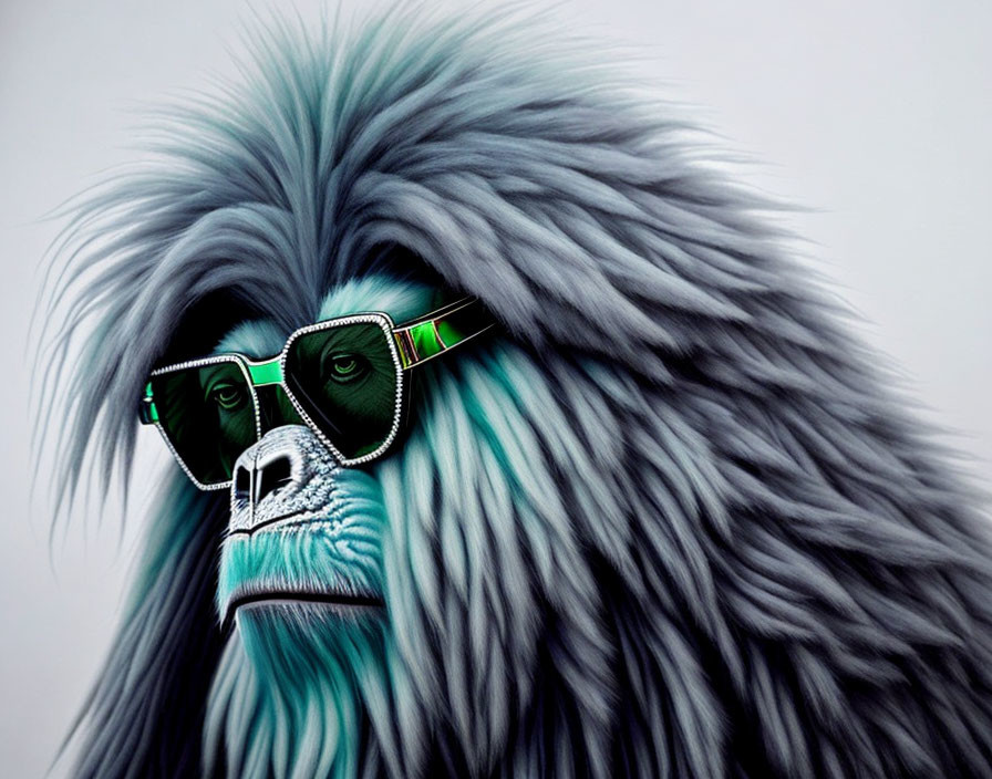 Gorilla with Blue and Black Fur in Green Sunglasses on Grey Background