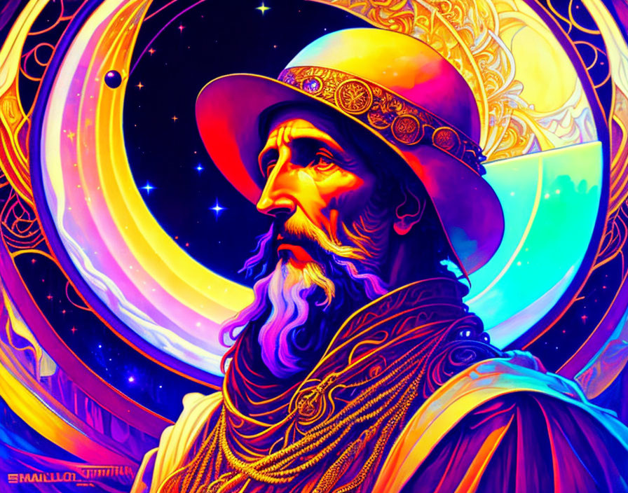 Colorful Bearded Man Illustration Against Cosmic Background