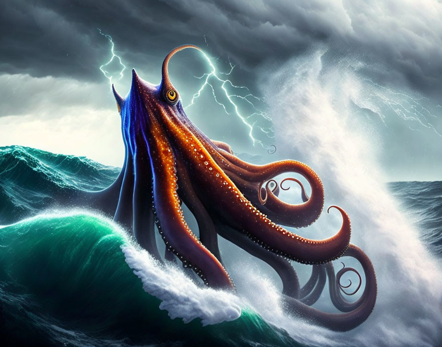 Giant Octopus Emerges from Stormy Ocean Waves