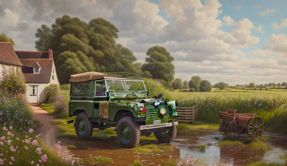 Vintage green Land Rover parked by cottage with trees and wooden cart.