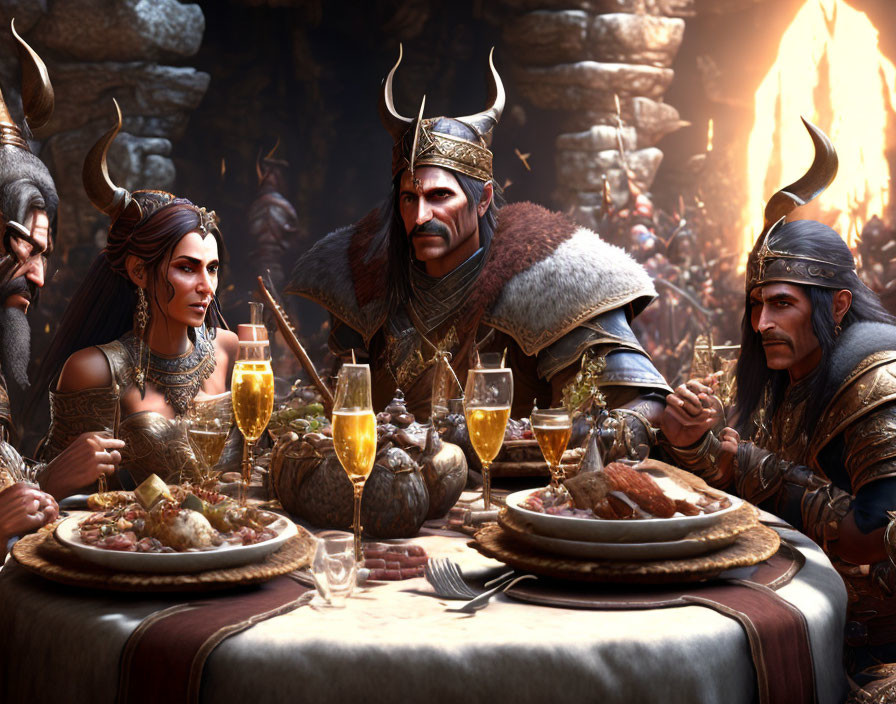 Medieval warriors at feast table by fire conversing