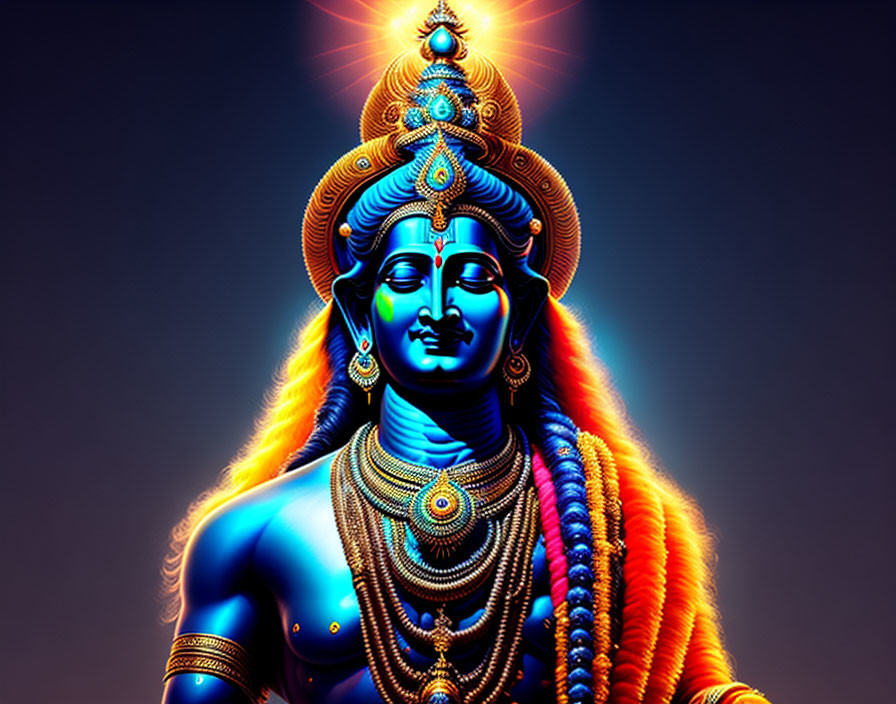 Blue-skinned Hindu deity with multiple arms in digital art.