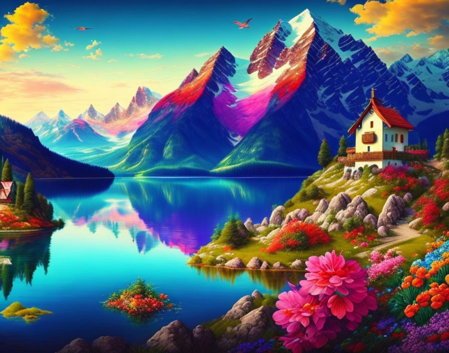 Tranquil Lake Scene with Colorful Mountains and Cottage