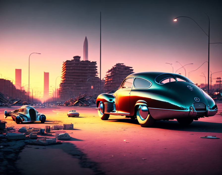 Retro-futuristic scene: classic car and crashed flying vehicle in deserted, dystopian city at