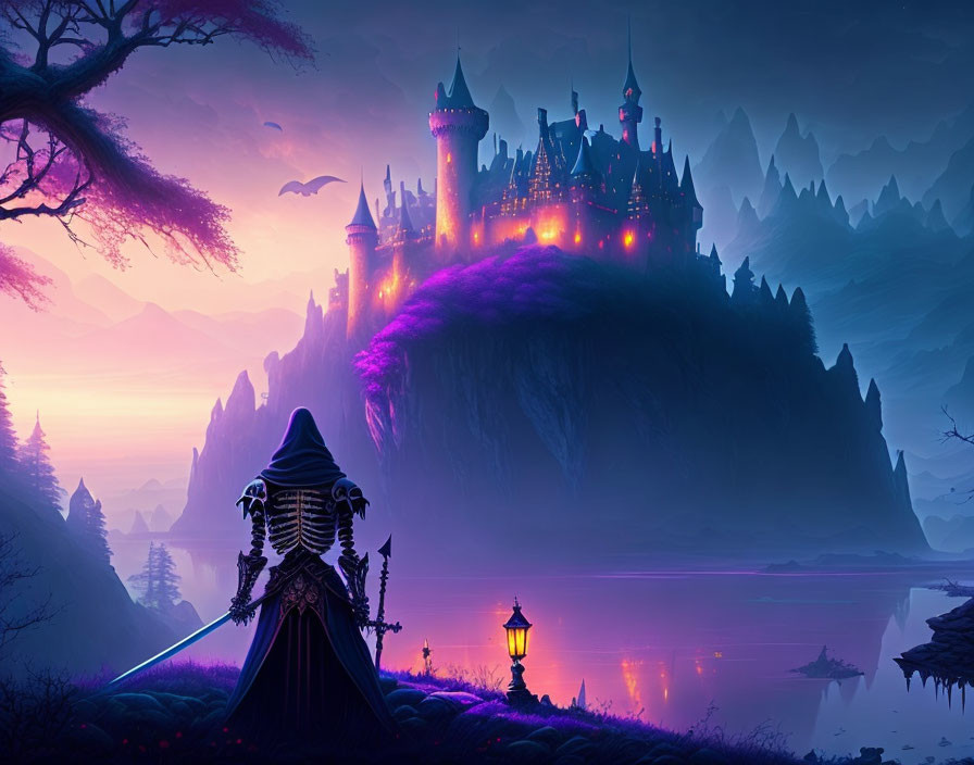 Mystical castle scene with cloaked figure at twilight