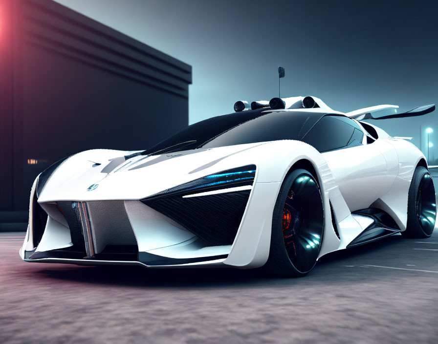 Futuristic white sports car with sleek lines and illuminated wheels