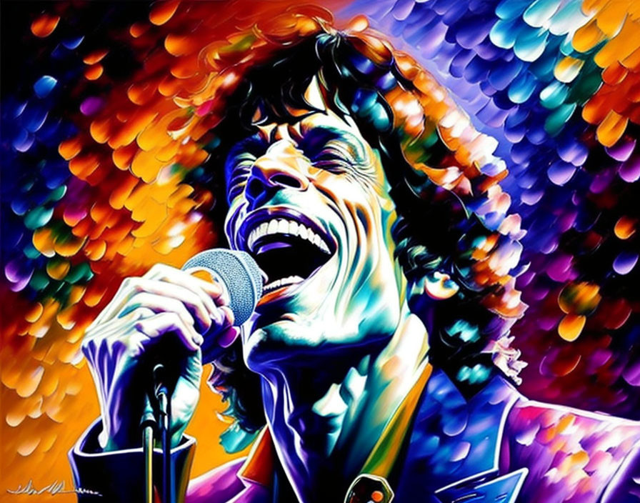 Colorful Psychedelic Painting of Man Singing into Microphone