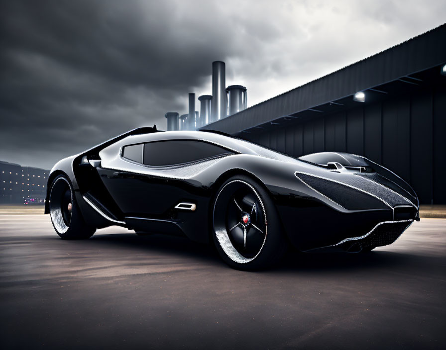 Sleek Black Sports Car Against Industrial Backdrop & Cloudy Sky