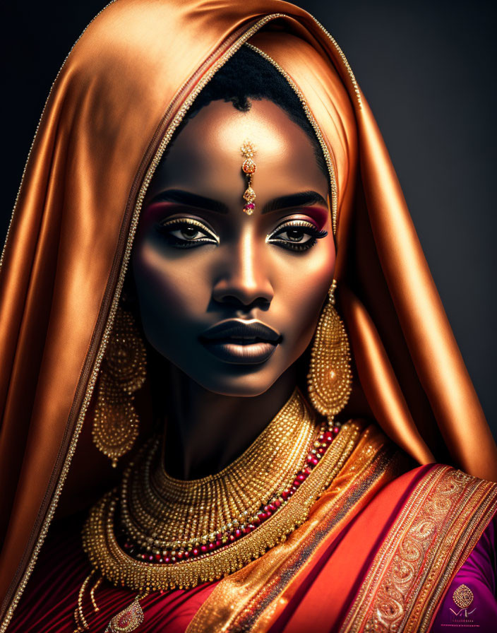 Portrait of woman with striking makeup, traditional headscarf, gold jewelry, and bejeweled