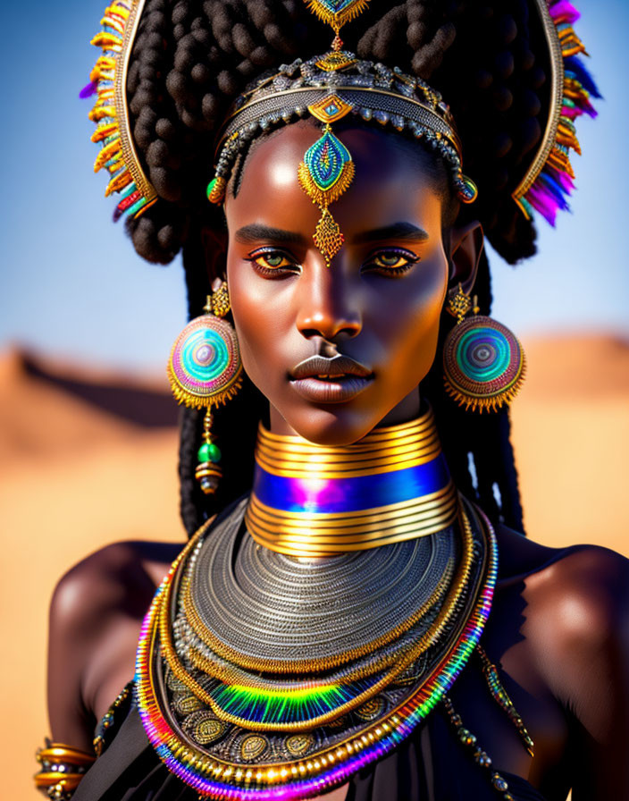 Woman in tribal jewelry against desert backdrop