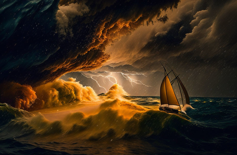 Sailboat navigating stormy seas under dramatic sky