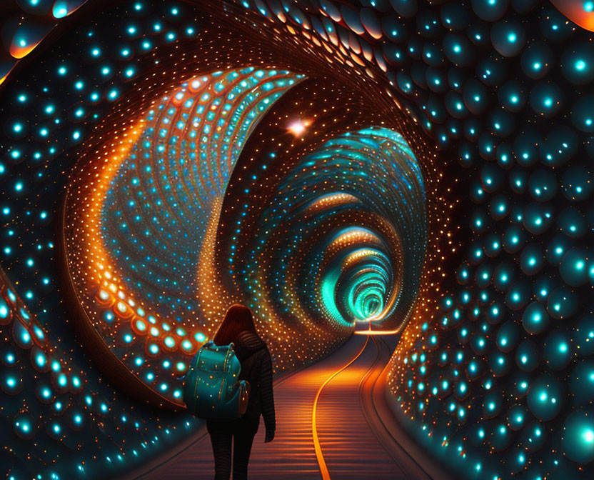 Backpack-wearing person at futuristic tunnel entrance with swirling patterns.