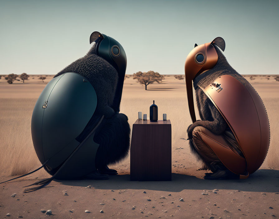 Stylized anthropomorphic animals with speaker heads in desert chess game