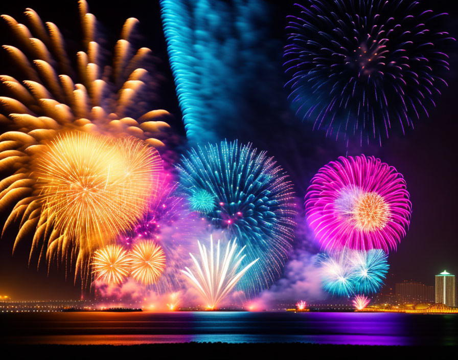 Multicolored fireworks over city skyline and water at night