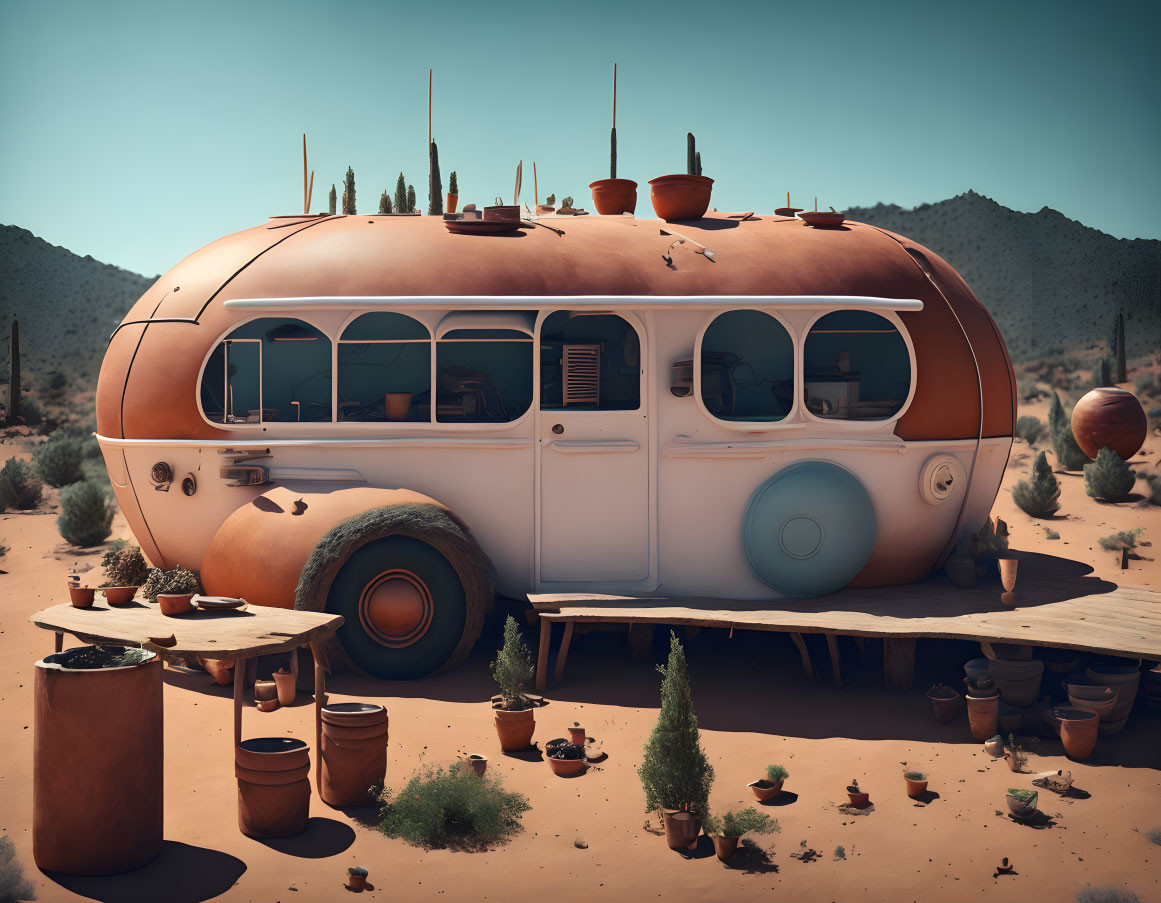 Spherical orange and white bus in desert with rooftop garden