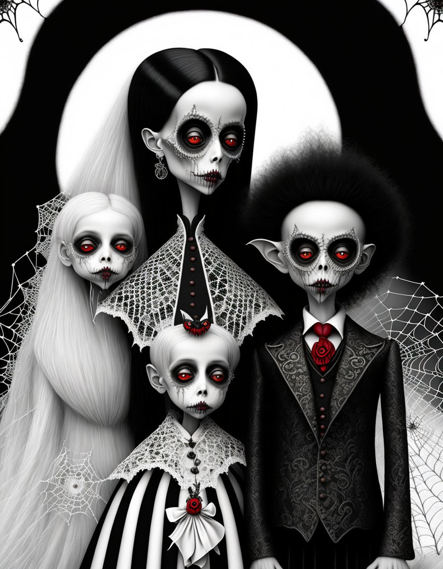 Stylized family of four with Day of the Dead face paint in gothic attire on moon backdrop