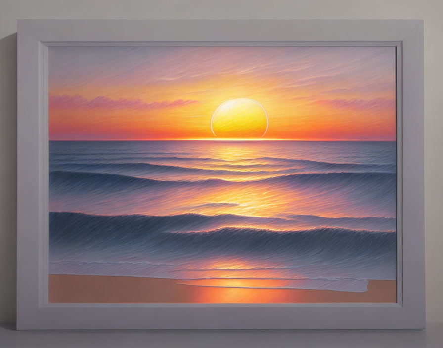 Framed painting of serene sunset over calm sea