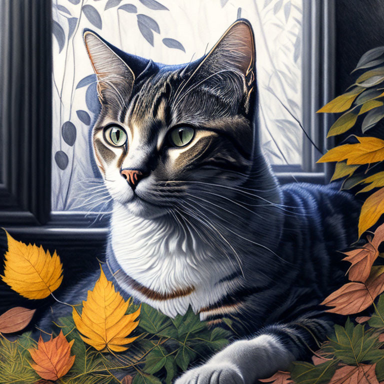 Tabby Cat Sitting by Window Surrounded by Autumn Leaves