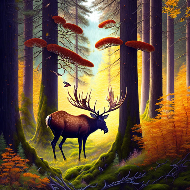 Majestic stag in sunlit forest with oversized mushrooms and lush green moss