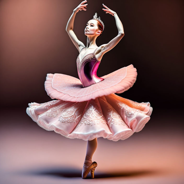 Pink tutu ballerina pirouettes in warm-toned setting