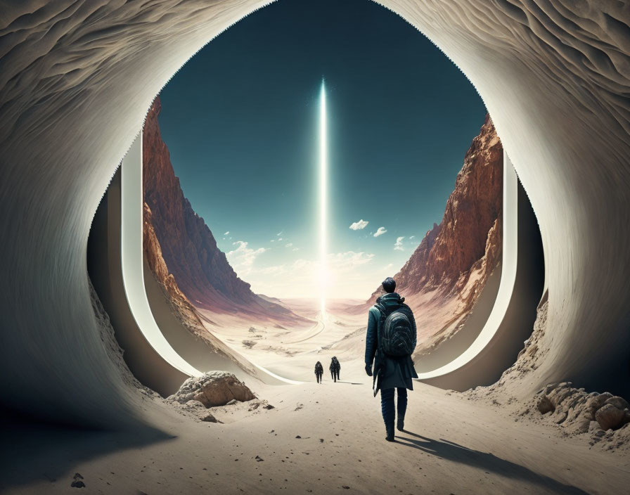 Backpack-wearing person at futuristic tunnel entrance overlooking desert landscape