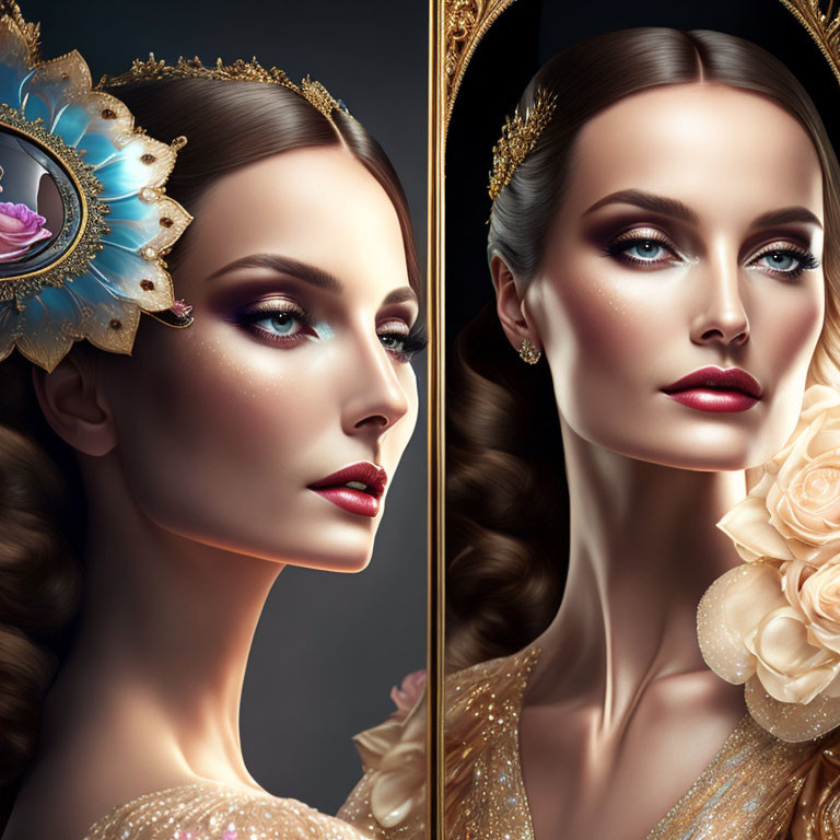 Stylized portraits of woman in glamorous makeup and Renaissance attire with blue mask and golden crown.