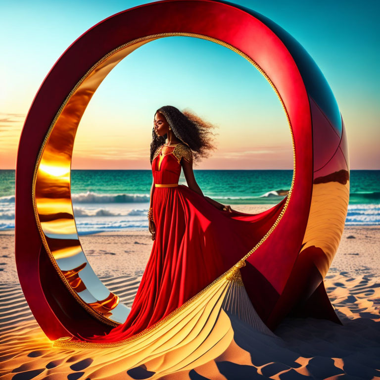 Woman in flowing red dress near red ring sculpture on beach at sunset