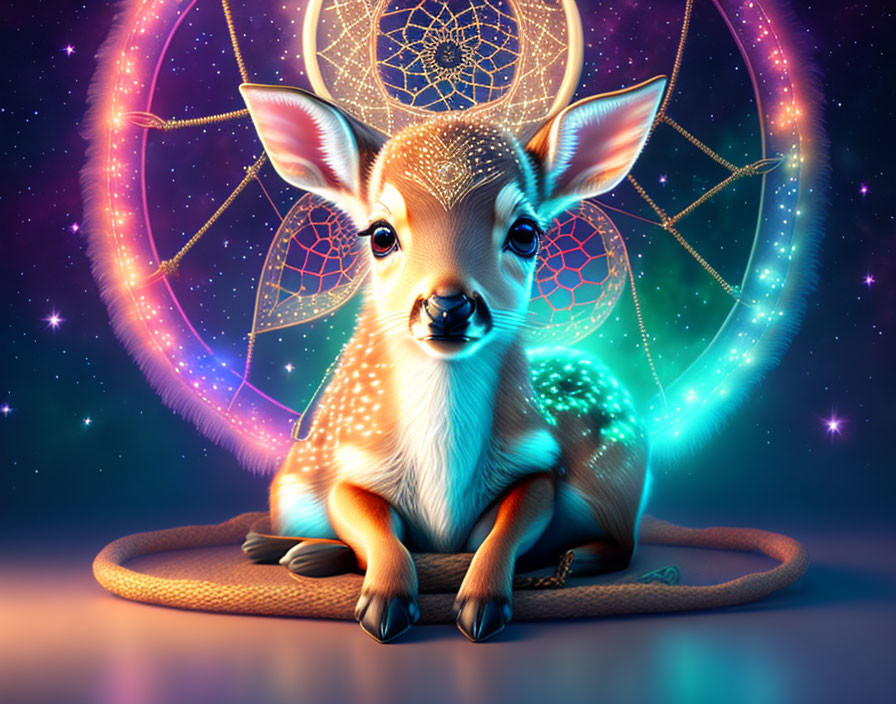 Mystical fawn digital art with glowing eyes and celestial rings