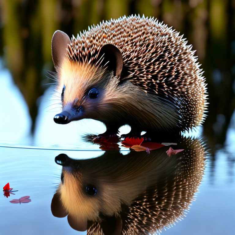 Hedgehog by water with reflection and fallen leaves.