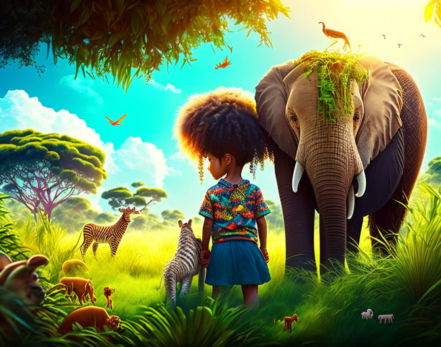 Child in vibrant jungle with elephant, zebras, mushrooms, and birds