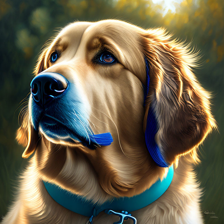 Golden Retriever with Blue Collar in Warmly Lit Forest Setting