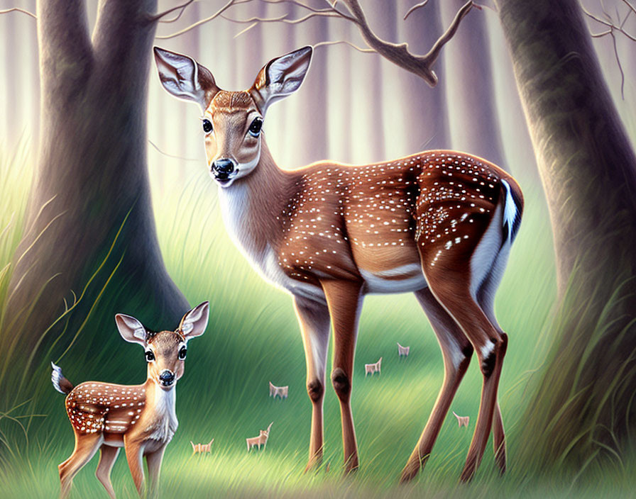 Spotted deer and fawn in forest with soft lighting