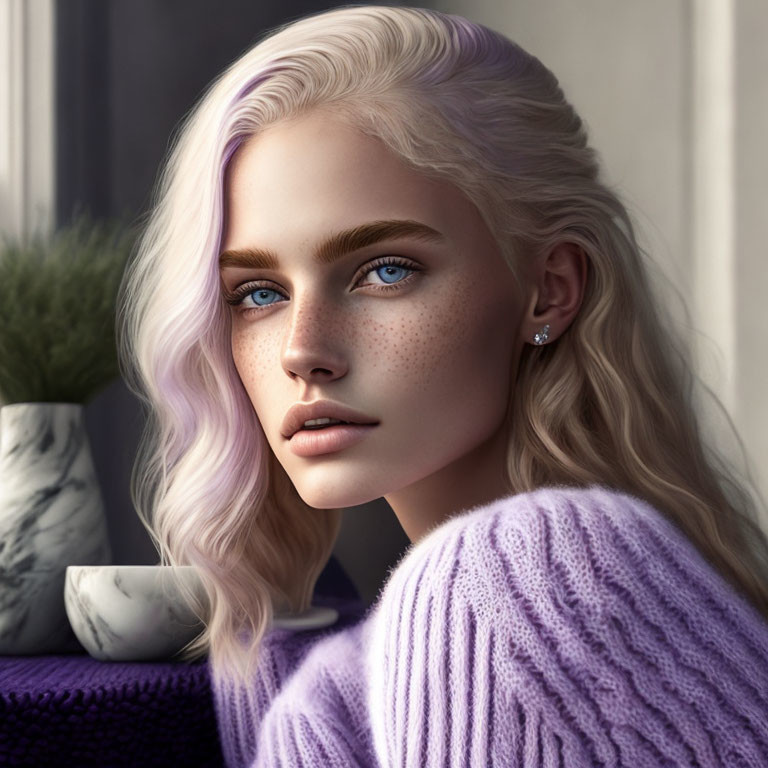 Portrait of woman with pale skin, blue eyes, freckles, and blonde hair in lilac