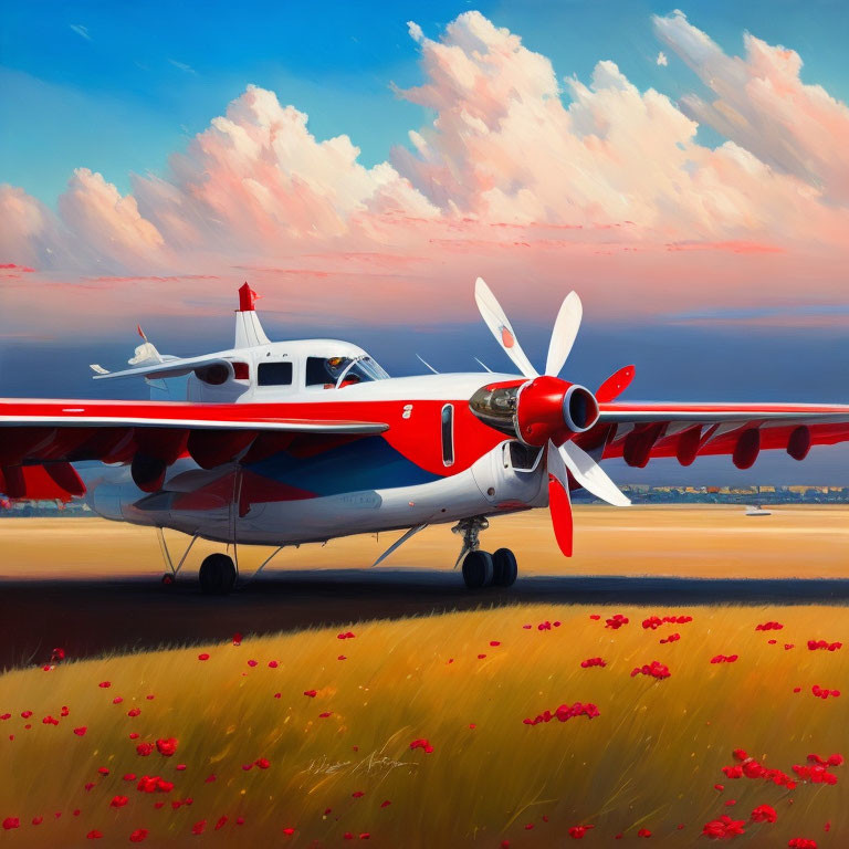 Red and white airplane painting with poppies under dramatic sunset sky