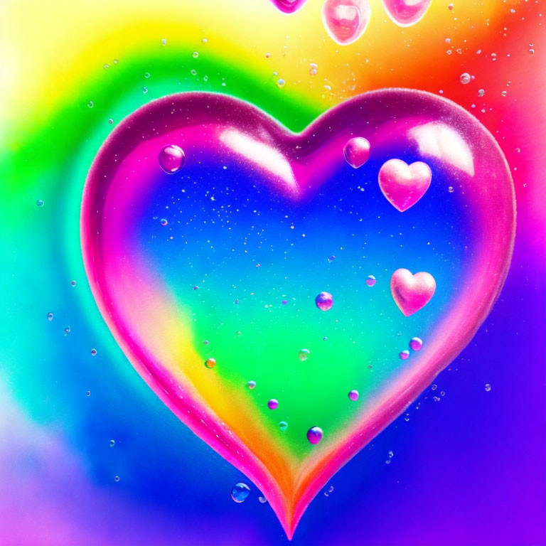 Rainbow-colored heart with water droplets on pastel background