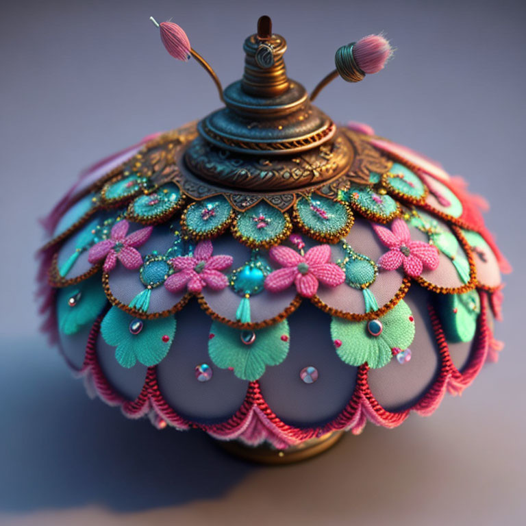 Ornate spherical object with turquoise and pink flowers, golden accents, and finial on soft background