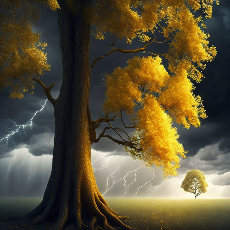 Majestic tree with vibrant yellow leaves under stormy sky