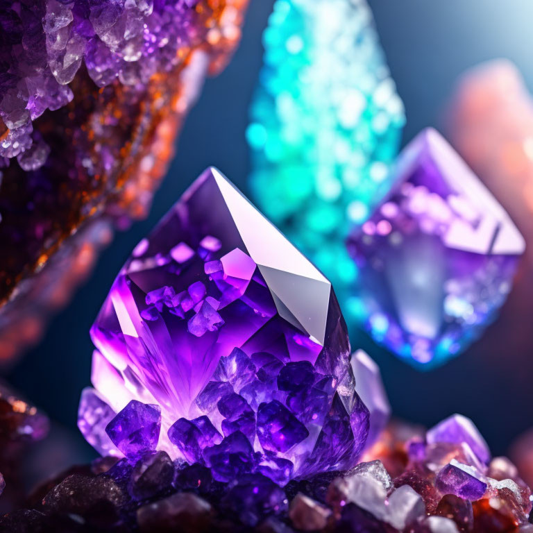 Colorful close-up of vibrant crystal formations with sharp purple crystal in foreground and blurred teal crystals in background